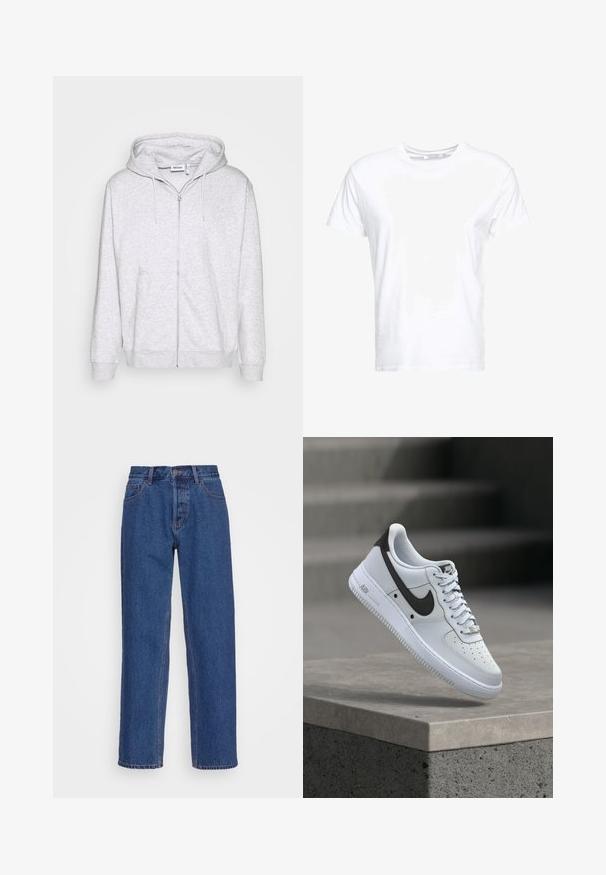 Lichtgrijze zip-up hoodie van zacht materiaal. Beschikt over een voorrits, twee zijzakken en een verstelbare trekkoordkap.; Witte katoenen t-shirt met een ronde hals en korte mouwen, in een klassiek model met een gladde textuur. Geen patronen of hardware zichtbaar.; Blauwe spijkerbroek met een klassiek recht model, voorzien van een hoge taille, riemlussen en subtiele stiksels.; Witte Nike Air Force 1 sneaker met zwart swoosh-logo, zwevend boven een betonnen richel met vervaagde trappen op de achtergrond.