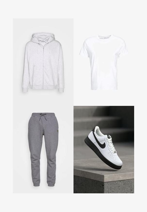 Sudadera de cremallera gris claro hecha de tela suave. Cuenta con una cremallera frontal, dos bolsillos laterales y una capucha ajustable con cordón.; Camiseta de algodón blanca con cuello redondo y mangas cortas, con un corte clásico y una textura suave. Sin patrones ni elementos metálicos visibles.; Pantalones de chándal grises de algodón con cintura elástica, cordones, bolsillos laterales y un pequeño logo amarillo en el muslo. Diseño de pierna estrecha.; Zapatilla deportiva de cuero blanco con detalles en negro, punta redondeada y detalles perforados. Suela de goma negra con patrón texturizado y cierre de cordones.