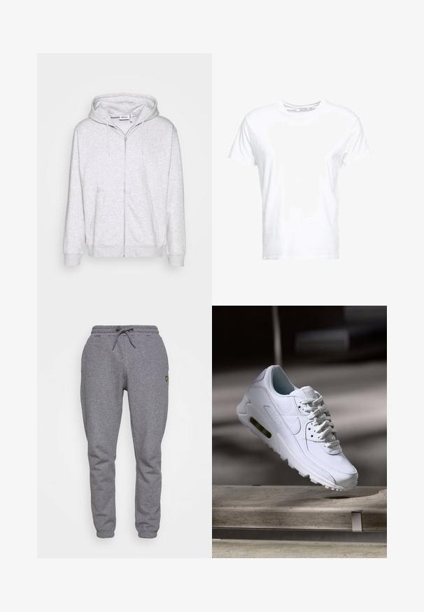 Sudadera de cremallera gris claro hecha de tela suave. Cuenta con una cremallera frontal, dos bolsillos laterales y una capucha ajustable con cordón.; Camiseta de algodón blanca con cuello redondo y mangas cortas, con un corte clásico y una textura suave. Sin patrones ni elementos metálicos visibles.; Pantalones de chándal grises de algodón con cintura elástica, cordones, bolsillos laterales y un pequeño logo amarillo en el muslo. Diseño de pierna estrecha.; Zapatilla blanca de piel con superficies texturizadas, cuello acolchado y amortiguación de aire visible en la suela. Presenta cordones y un diseño minimalista.