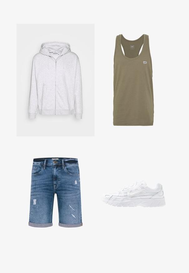 Heledhall hallikas kapuutsiga sviiter, mis on valmistatud pehmest kangast. Omab esitaskut, kahte küljetaskut ja reguleeritavat köiega kapuutsi.; Oliivroheline tank top, mis on valmistatud pehmest puuvillast. Sellel on ümar kaelus, racerback disain ja rinnal väike valge "Lee" logo.; Keskmise sinise tooniga teksashortsid, millel on kulutatud detailid, keerutatud äärised, viis taskut ja metallne nööp sulgemiseks. Tavaline lõige.; Nike Sportswear P 6000 - Tossud - white/platinum tint