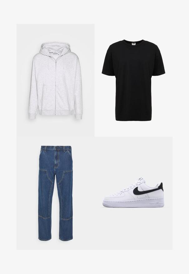 Lys grå zip-up sweatshirt lavet af blødt stof. Har en frontlynlås, to sidelommer og en justerbar snor i hætten.; Sort bomulds t-shirt med rund hals, korte ærmer, standard pasform, glat tekstur og ingen synlige mønstre eller detaljer.; Blå denim jeans med lige ben, frontlappelommer og kontrasterende syninger. Stoffet har en klassisk tekstur og finish.; Hvide lædersneakers med en struktureret sort Swoosh, flade snørebånd og en gummisål med et rillemønster. "AIR" er præget på hælen.