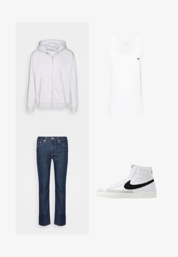 Lys grå zip-up sweatshirt lavet af blødt stof. Har en frontlynlås, to sidelommer og en justerbar snor i hætten.; Hvid bomulds tanktop med scoop halsudskæring, uden ærmer og et lille marineblåt "Lee" logo på venstre brystområde.; Mørkeblå lige ben denim jeans med orange søm, fem lommer og en frontknap samt lynlås.; Hvide høje sneakers med et sort swoosh, struktureret grå tåhætte og flad hvid sål. Har seks snørrehuller og syede detaljer.