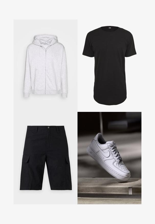 Hoodie zippé gris clair en tissu doux. Il présente une fermeture éclair à l'avant, deux poches latérales et une capuche avec cordon de serrage ajustable.; T-shirt noir à manches courtes en coton. Présente un col rond et une coupe droite avec un ourlet arrière légèrement plus long. Texture douce.; Short cargo noir longueur genou avec fermeture par bouton à l'avant, passants de ceinture et poches à rabat de chaque côté.; La basket Nike Air Force 1 en cuir blanc présente un embout perforé, des lacets plats et une semelle en caoutchouc texturée avec le logo « AIR » sur le côté.