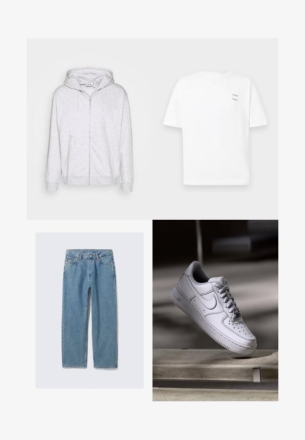 Lys grå zip-up sweatshirt lavet af blødt stof. Har en frontlynlås, to sidelommer og en justerbar snor i hætten.; Hvid bomulds t-shirt med en afslappet pasform, korte ærmer og V-udskæring. Har to små sorte trykte logoer på venstre side.; Lyseblå jeans med lige ben, forlommer, bæltestropper og knaplukning på ensfarvet baggrund.; Hvid læder Nike Air Force 1 sneaker med perforeret tå, flade snørebånd og tekstureret gummisål med "AIR" branding på siden.