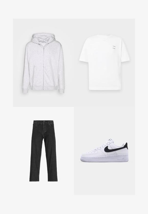 Lys grå zip-up sweatshirt lavet af blødt stof. Har en frontlynlås, to sidelommer og en justerbar snor i hætten.; Hvid bomulds t-shirt med en afslappet pasform, korte ærmer og V-udskæring. Har to små sorte trykte logoer på venstre side.; Sorte denim jeans med lige ben-design, som har lynlås, bæltestropper og seks lommer, lavet af et robust bomuldsblandingsstof.; Hvide lædersneakers med en struktureret sort Swoosh, flade snørebånd og en gummisål med et rillemønster. "AIR" er præget på hælen.
