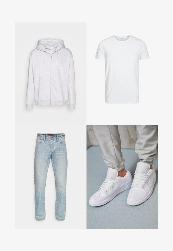 Lys grå zip-up sweatshirt lavet af blødt stof. Har en frontlynlås, to sidelommer og en justerbar snor i hætten.; Rundhals kortærmet t-shirt i ensfarvet hvid, lavet af blød bomuld, har et simpelt design uden synlige mønstre eller detaljer.; Lys blå denimjeans med lige ben-design, der har en knaplukning, fem-pocket stil og en subtil falmet tekstur.; Hvide lædersneakers har en perforeret tåboks, flade snørebånd, polstret krave og Jordan-logoet på tungen. Båret med grå joggers.