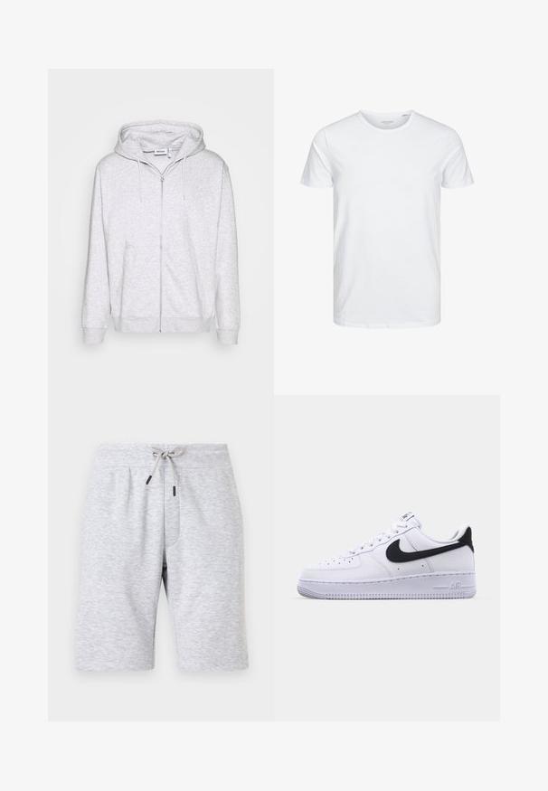 Hoodie zippé gris clair en tissu doux. Il présente une fermeture éclair à l'avant, deux poches latérales et une capuche avec cordon de serrage ajustable.; T-shirt à col rond à manches courtes de couleur blanche unie, fabriqué en coton doux, avec un design simple sans motifs ni accents visibles.; Shorts en coton gris clair longueur genou avec ceinture élastique et cordon de serrage à l'avant noué en nœud, présenté de face sur un fond uni.; Sneaker en cuir blanc avec un Swoosh noir texturé, des lacets plats et une semelle en caoutchouc avec un motif strié. "AIR" est embossé sur le talon.