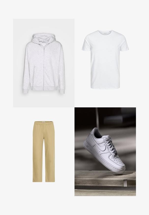 Hoodie zippé gris clair en tissu doux. Il présente une fermeture éclair à l'avant, deux poches latérales et une capuche avec cordon de serrage ajustable.; T-shirt à col rond à manches courtes de couleur blanche unie, fabriqué en coton doux, avec un design simple sans motifs ni accents visibles.; Pantalon beige léger avec une ceinture élastique, coupe droite, texture lisse, doté de poches latérales et d'une coupe décontractée.; La basket Nike Air Force 1 en cuir blanc présente un embout perforé, des lacets plats et une semelle en caoutchouc texturée avec le logo « AIR » sur le côté.