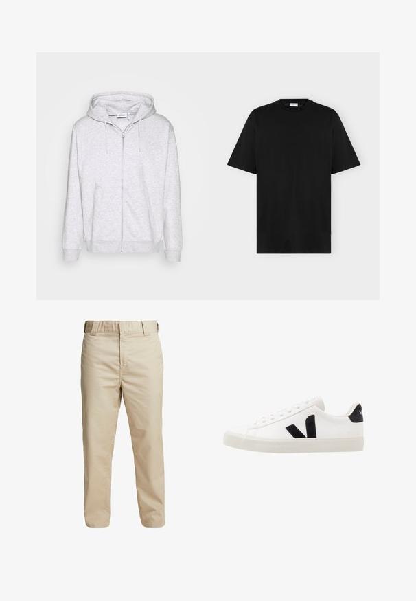 Lichtgrijze zip-up hoodie van zacht materiaal. Beschikt over een voorrits, twee zijzakken en een verstelbare trekkoordkap.; Zwart T-shirt met korte mouwen en een ronde hals met rechte pasvorm, weergegeven op een effen lichtgrijze achtergrond.; Beige katoenen broek met een slim fit, rechte pijpen en riemlussen; gladde textuur en minimalistisch ontwerp zonder zichtbare accentueringen.; Witte leren sneaker met zwarte suède accenten; voorzien van een rubberen zool, ronde neus en een klassieke vetersluiting. Zijkant met logo in het zwart.
