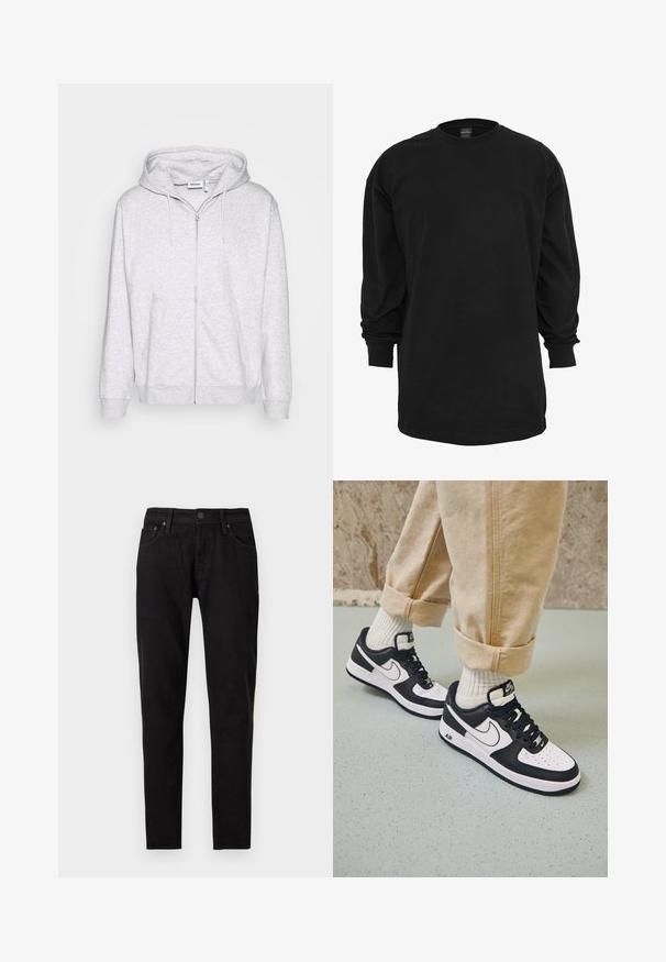 Lichtgrijze zip-up hoodie van zacht materiaal. Beschikt over een voorrits, twee zijzakken en een verstelbare trekkoordkap.; Zwart T-shirt met lange mouwen, gemaakt van katoen. Kenmerkt zich door een ronde halslijn en een reguliere pasvorm. Glad oppervlak zonder zichtbare patronen of accenten.; Zwarte slim-fit jeans met voorste knoop- en ritssluiting, ceintuurlussen en twee voorzakken zichtbaar op een witte achtergrond.; Zwart-witte Nike Air Force 1 sneakers met een leren bovenwerk, geperforeerde neus en gestructureerde zooldetails, gedragen met opgerolde beige broek en witte sokken.
