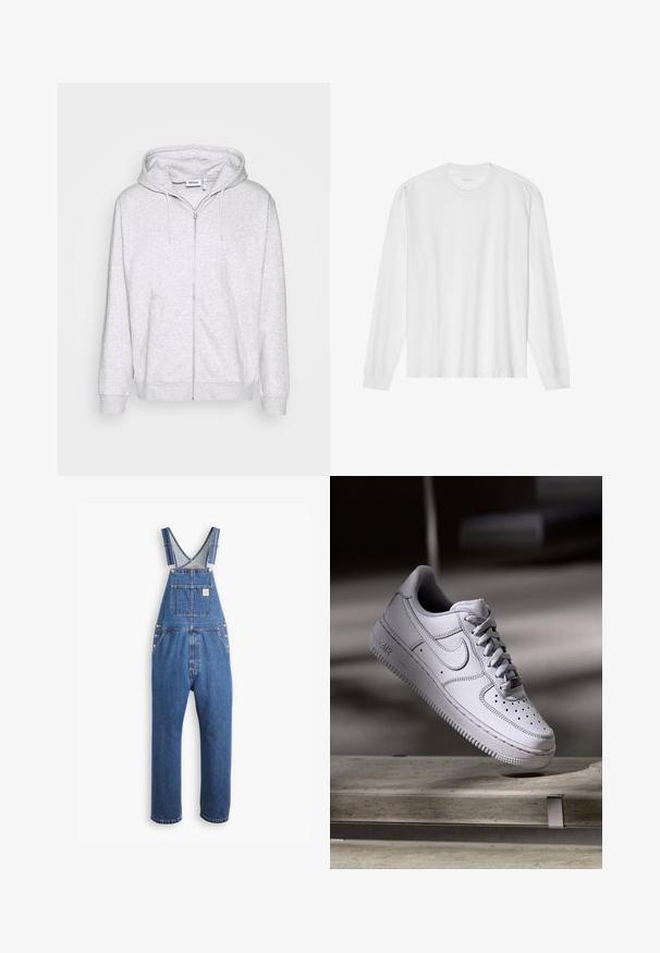 Hellgraue Zip-Hoodie aus weichem Stoff. Verfügt über einen Frontreißverschluss, zwei seitliche Taschen und eine verstellbare Kordelzugkapuze.; Weißes langärmeliges Baumwoll-T-Shirt mit Rundhalsausschnitt, mit gerippten Bündchen und geradem Saum, glatter Textur und minimalistischem Design.; Denim-Latzhose in Mittelblau, mit verstellbaren Trägern, einer Brusttasche und metallischen Beschlägen, im lässigen Schnitt und geradem Bein-Design.; Weißer Nike Air Force 1 Sneaker aus Leder mit perforierter Zehenpartie, flachen Schnürsenkeln und strukturierter Gummisohle mit "AIR"-Branding an der Seite.