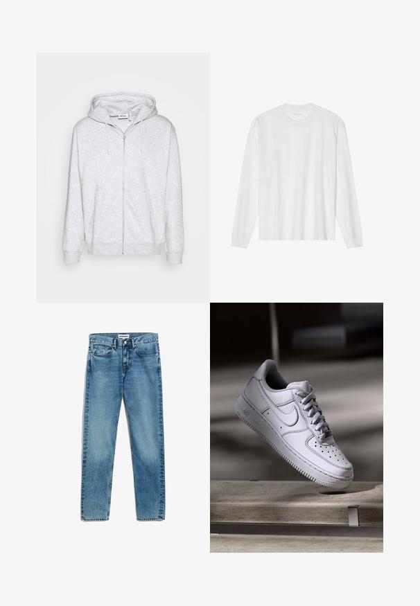 Hellgraue Zip-Hoodie aus weichem Stoff. Verfügt über einen Frontreißverschluss, zwei seitliche Taschen und eine verstellbare Kordelzugkapuze.; Weißes langärmeliges Baumwoll-T-Shirt mit Rundhalsausschnitt, mit gerippten Bündchen und geradem Saum, glatter Textur und minimalistischem Design.; Helle blaue Denim-Jeans mit geradem Schnitt, fünf Taschen, Reißverschluss und dezentem Ausbleichen des Stoffes. Metallknopfverschluss.; Weißer Nike Air Force 1 Sneaker aus Leder mit perforierter Zehenpartie, flachen Schnürsenkeln und strukturierter Gummisohle mit "AIR"-Branding an der Seite.