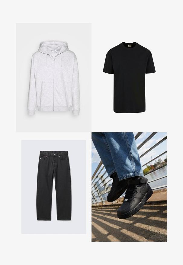 Lys grå zip-up sweatshirt lavet af blødt stof. Har en frontlynlås, to sidelommer og en justerbar snor i hætten.; Urban Classics SHORTSLEEVE - T-shirts basic - black; Sorte jeans med lige ben, fem lommer og knaplukning i taljen, lagt fladt på en lys baggrund.; Sorte Nike Air Force 1 sneakers med læderoverdel, mesh-tunge og gummisål, der har et høj-top design og tykke snørebånd.