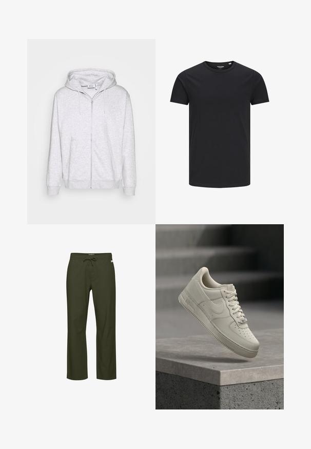 Hellgraue Zip-Hoodie aus weichem Stoff. Verfügt über einen Frontreißverschluss, zwei seitliche Taschen und eine verstellbare Kordelzugkapuze.; Schwarzes Baumwoll-T-Shirt mit Rundhalsausschnitt, kurzen Ärmeln und schlichtem Design. Glatte Textur, keine Muster oder sichtbare Beschläge.; Olivegrüne Hose mit Kordelzugbund, geradem Bein, weicher Stoffstruktur und einem dezenten Logotag vorne.; Ein einzelner beigefarbener Sneaker mit Schnürsenkeln schwebt über einer grauen Betonfläche, Nike-Swoosh sichtbar, Treppenhintergrund unscharf.
