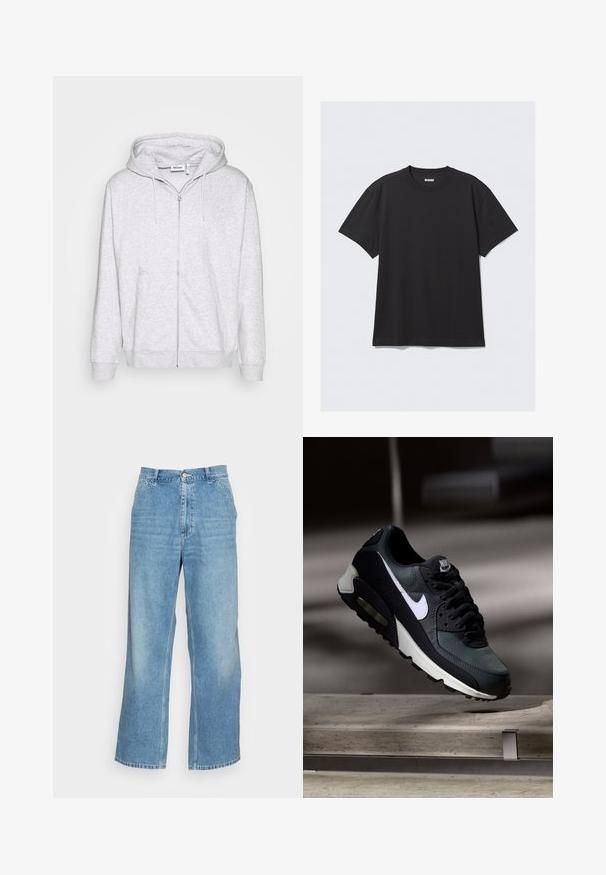 Lys grå zip-up sweatshirt lavet af blødt stof. Har en frontlynlås, to sidelommer og en justerbar snor i hætten.; Sort kortærmet t-shirt lavet af bomuld. Har en rund halsudskæring og en afslappet pasform. Enkel design uden synlige mønstre eller accenter.; Lyseblå bred ben jeans lavet af denim. Har en høj talje, knaplukning og standard fem-lomme design. Glat tekstur.; Sort og grå Nike Air Max sneaker med hvid swoosh, ophængt over en betongulv mod en sløret mørk baggrund.