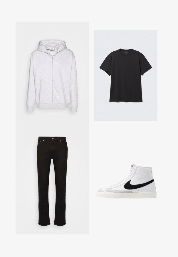 Hellgraue Zip-Hoodie aus weichem Stoff. Verfügt über einen Frontreißverschluss, zwei seitliche Taschen und eine verstellbare Kordelzugkapuze.; Schwarzes T-Shirt mit kurzen Ärmeln aus Baumwolle. Hat einen Rundhalsausschnitt und eine lockere Passform. Einfaches Design ohne sichtbare Muster oder Akzente.; Schwarze Denim-Jeans mit geradem Schnitt, ausgestattet mit einem klassischen Fünf-Taschen-Design, einem Metallknopfverschluss und dezenten Nähdetails.; Weiße High-Top-Sneaker mit einem schwarzen Swoosh, strukturiertem grauen Zehenkappeneinsatz und flacher weißer Sohle. Verfügt über sechs Ösen und genähte Akzente.