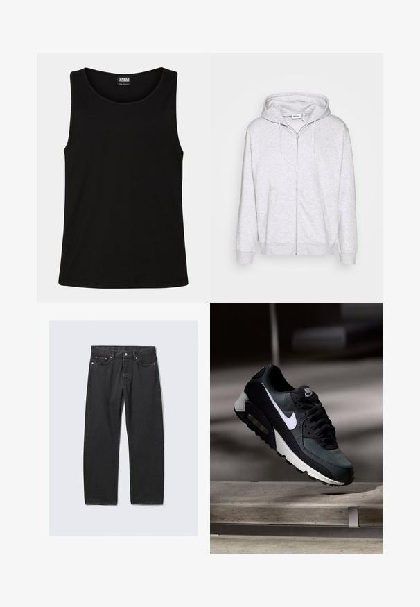 Lichtgrijze zip-up hoodie van zacht materiaal. Beschikt over een voorrits, twee zijzakken en een verstelbare trekkoordkap.; Zwarte tanktop gemaakt van zachte katoenstof. Beschikt over een ronde halslijn en ruime armsgaten, zonder zichtbare patronen of accenten.; Zwarte rechte denim jeans met vijf zakken en een knoopsluiting in de taille, plat gelegd op een lichte achtergrond.; Zwart-grijze Nike Air Max sneaker met witte swoosh, zwevend boven een betonnen oppervlak tegen een wazige donkere achtergrond.