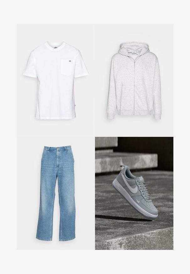 Lys grå zip-up sweatshirt lavet af blødt stof. Har en frontlynlås, to sidelommer og en justerbar snor i hætten.; Hvid bomulds t-shirt med rund halsudskæring, korte ærmer og en brystlomme med et lille mærke-logo på venstre side.; Lyseblå bred ben jeans lavet af denim. Har en høj talje, knaplukning og standard fem-lomme design. Glat tekstur.; Grå Nike Air Force 1 sneaker med hvid Swoosh-logo, svævende over en tekstureret betonoverflade med trapper i baggrunden.