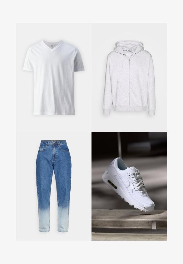 Hellgraue Zip-Hoodie aus weichem Stoff. Verfügt über einen Frontreißverschluss, zwei seitliche Taschen und eine verstellbare Kordelzugkapuze.; Kurzärmliges, V-Ausschnitt T-Shirt aus Baumwolle in Weiß. Hat ein einfaches Design mit glatter Textur und lockerer Passform.; Redefined Rebel TOKYO - Jeans Relaxed Fit - bleach dip; Weiße Lederturnschuhe mit strukturierten Oberflächen, gepolstertem Kragen und sichtbarer Luftpolsterung in der Sohle. Verfügt über Schnürsenkel und ein minimalistisches Design.