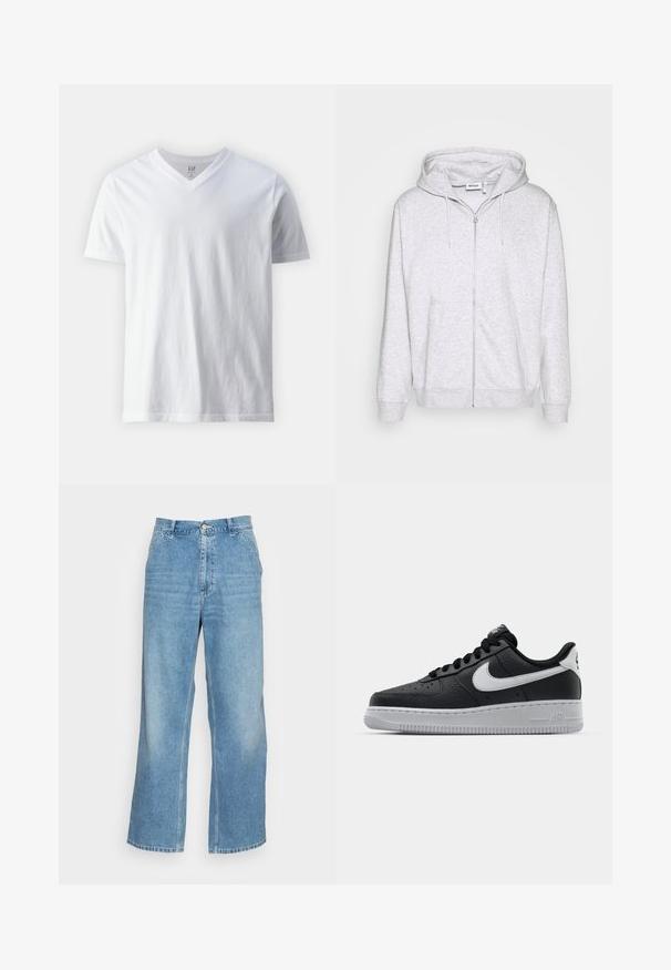 Hellgraue Zip-Hoodie aus weichem Stoff. Verfügt über einen Frontreißverschluss, zwei seitliche Taschen und eine verstellbare Kordelzugkapuze.; Kurzärmliges, V-Ausschnitt T-Shirt aus Baumwolle in Weiß. Hat ein einfaches Design mit glatter Textur und lockerer Passform.; Helle blaue weit geschnittene Jeans aus Denim. Mit hoher Taille, Knopfverschluss und klassischem Five-Pocket-Design. Glatte Textur.; Schwarze Ledersneaker mit strukturierten Oberflächen, weißem Nike-Swoosh, grauer Sohle, runder Zehenpartie und Schnürdesign. Verfügt über Perforationen an der Zehenbox.