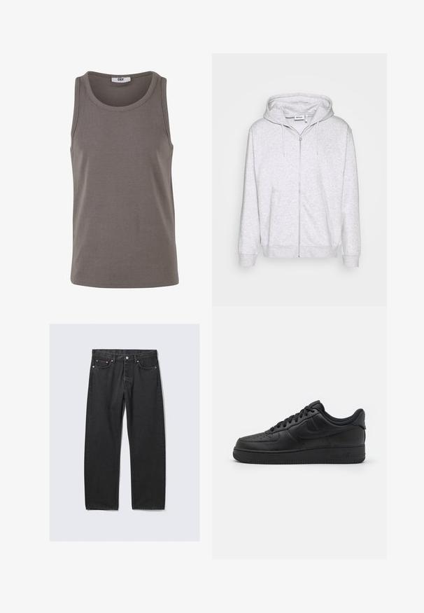 Lys grå zip-up sweatshirt lavet af blødt stof. Har en frontlynlås, to sidelommer og en justerbar snor i hætten.; Grå ribbet tank top med rund halsudskæring og brede ærmehuller. Lavet af strækbart stof, har den en almindelig pasform og et minimalistisk design.; Sorte jeans med lige ben, fem lommer og knaplukning i taljen, lagt fladt på en lys baggrund.; Nike Sportswear AIR FORCE 1 07 FLYEASE - Sneakers - black