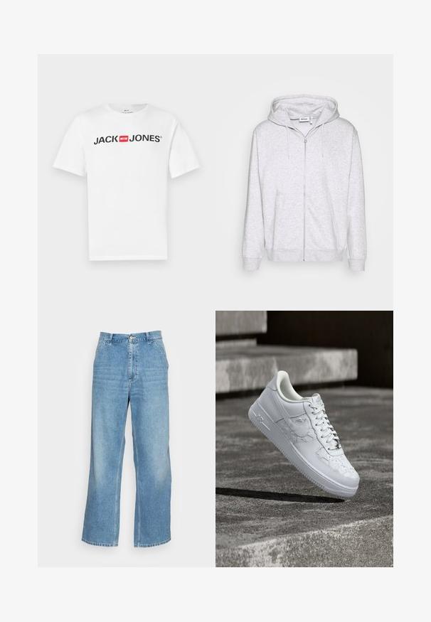 Hellgraue Zip-Hoodie aus weichem Stoff. Verfügt über einen Frontreißverschluss, zwei seitliche Taschen und eine verstellbare Kordelzugkapuze.; Weißes Baumwoll-T-Shirt mit einem großen schwarzen "JACK & JONES"-Logo und rotem Kastenakzent. Kurze Ärmel und klassischer Rundhalsausschnitt.; Helle blaue weit geschnittene Jeans aus Denim. Mit hoher Taille, Knopfverschluss und klassischem Five-Pocket-Design. Glatte Textur.; Weißer Nike Air Force 1 Sneaker mit geprägten Sternmustern und einem metallischen Stern-Schnürsenkelanhänger, der über einer Betonoberfläche schwebt.