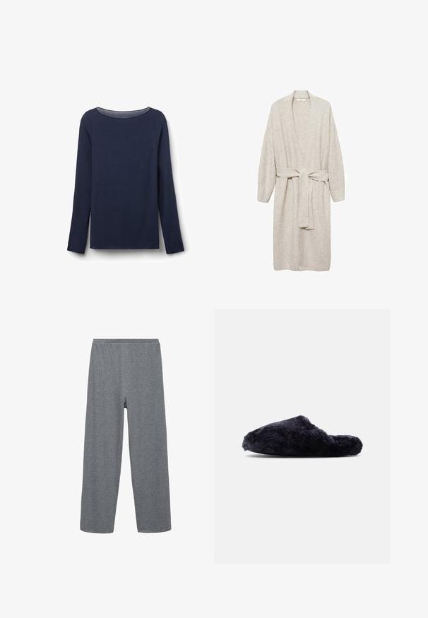 Robe en tricot beige clair avec col châle, manches longues et ceinture à la taille. Caractérisée par une coupe décontractée et des poignets et un ourlet côtelés.; Haut à manches longues bleu marine en tissu doux, avec un col rond et une coupe décontractée. Les bords de l'ourlet et des manches sont soigneusement finis.; Pantalons larges gris en mélange de coton avec une taille élastique, présentant une texture lisse et un design simple et dépouillé.; Chausson noir en tissu duveteux à enfiler, à bout fermé et talon ouvert, en tissu doux et texturé, présenté de profil sur fond blanc.