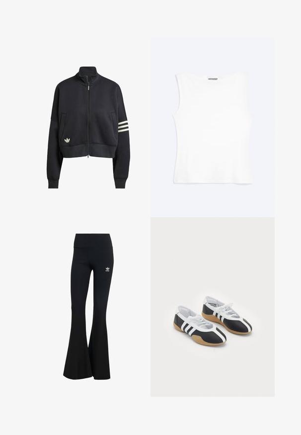 Čierny skrátený sweatshirt s vysokým golierom, predným zipsom, dvoma bočnými vreckami a tromi bielymi pruhmi na ľavom rukáve. Obsahuje logo.; Biele priliehavé tielko bez rukávov s okrúhlym výstrihom a minimalistickým dizajnom, s označením "WEEKDAY" vo vnútri goliera.; Čierne rebrované legíny s rozšírenými nohavicami a širokým pásom, s malým bielym logom Adidas na hornej ľavej strane. Mäkkučký textilný materiál.; Čierne a biele športové topánky s elegantným dizajnom, gumovou podrážkou, šnurovaním a tromi bielymi prúžkami na bokoch.