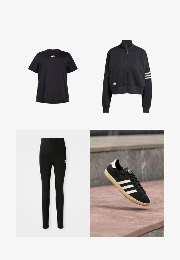 Čierny skrátený sweatshirt s vysokým golierom, predným zipsom, dvoma bočnými vreckami a tromi bielymi pruhmi na ľavom rukáve. Obsahuje logo.; Čierne tričko s krátkym rukávom vyrobené z jemnej látky, s bielym horizontálnym akcentom na bokoch a bielym logom na prsiach.; Čierne legíny vyrobené z elastického materiálu s vysokým pásom, s malým bielym logom Adidas na ľavom stehne. Hladká textúra.; Čierna teniska Adidas s bielymi pruhmi a béžovou podrážkou, zachytená vo vzduchu nad kamenným povrchom a kamennou stenou v pozadí.