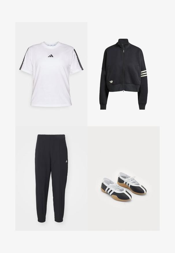 Schwarzer, kurzer Sweatshirt-Pullover mit hohem Kragen, Frontreißverschluss, zwei Seitentaschen und drei weißen Streifen am linken Ärmel. Mit Logo.; Weißes Baumwoll-T-Shirt mit Rundhalsausschnitt, kurzen Ärmeln und schwarzen drei Streifen-Akzenten auf den Schultern sowie einem Adidas-Logo auf der Brust.; Schwarze Sporthosen aus einem glatten Stoff. Tapered-Design mit elastischen Bündchen. Mit kleinem weißen Logo an der linken Hüfte.; Schwarz-weiße Sportschuhe mit einem eleganten Design, Gummisohle, Schnürverschluss und drei weißen Streifen an den Seiten.