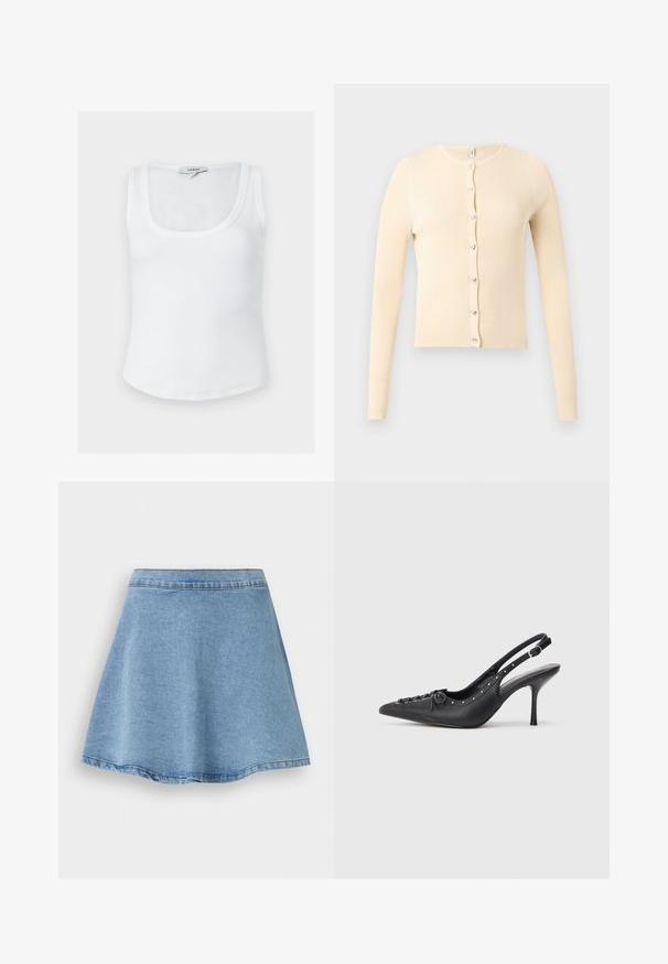 Cardigan côtelé beige à manches longues avec fermeture à boutons sur le devant ornée de boutons argentés en forme de cœur.; Débardeur blanc côtelé sans manches avec encolure dégagée et étiquette Topshop à l'arrière du col intérieur, présenté sur un fond uni.; Jupe droite en denim bleu clair avec des coutures visibles le long de la ceinture et de l'ourlet, présentée à plat sur fond blanc.; Escarpin en cuir noir à talon aiguille avec un bout pointu, une bride latérale à boucle, des clous le long du bord et un laçage décoratif à l'avant.