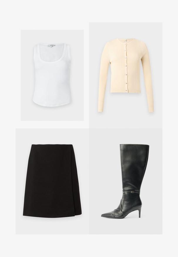 Cardigan côtelé beige à manches longues avec fermeture à boutons sur le devant ornée de boutons argentés en forme de cœur.; Débardeur blanc côtelé sans manches avec encolure dégagée et étiquette Topshop à l'arrière du col intérieur, présenté sur un fond uni.; Jupe noire évasée avec un détail portefeuille sur le côté droit, fabriquée en tissu lisse, présentée sur un fond uni.; Bottes noires en cuir montant jusqu'au genou, avec un talon fin, un bout pointu et des détails de lanière à la cheville. Texture lisse et design ajusté.