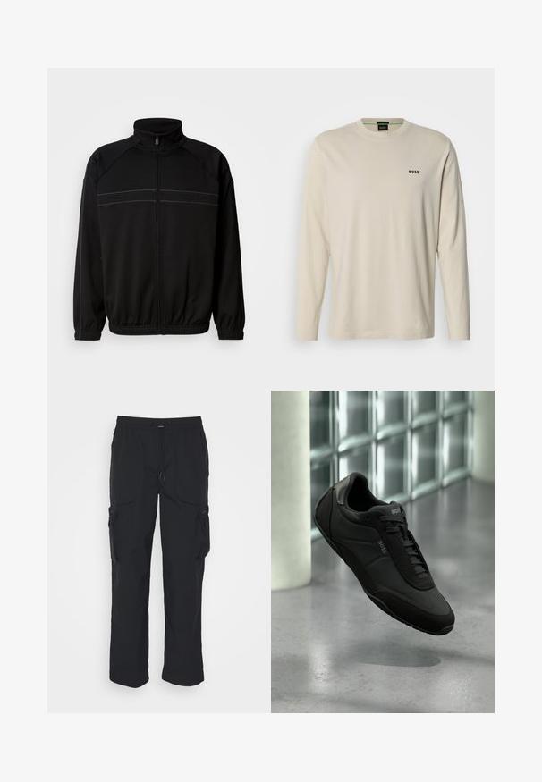 Sort zip-jakke lavet af blødt stof, med høj krave, elastiske manchetter og dekorative vandrette striber over brystet.; Langærmet beige T-shirt lavet af bomuld, med rund halsudskæring og et lille sort "BOSS"-logo på venstre bryst. Glat tekstur.; Sorte cargo-bukser lavet af vævet stof. Har justerbar talje, sidelommer og to værktøjslommer med lynlås.; Sort læder BOSS sneaker med snørebånd, svævende over en reflekterende beton gulv og baggrund med glasblokke.