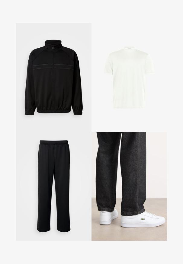 Zwarte zip-up jas van zacht materiaal, met een hoge kraag, elastische manchetten en decoratieve horizontale strepen over de borst.; Witte T-shirt met ronde hals gemaakt van zachte stof. Korte mouwen, zonder patronen. Eenvoudig ontwerp met een rechte zoom en minimale details.; Zwarte sportbroek van zachte, ademende stof. Beschikt over een elastische tailleband en rechte pijpen zonder opvallende accenten of patronen.; Witte leren sneakers met een laag profiel en een groen logo, gecombineerd met donkere spijkerbroek met gele stiksels.