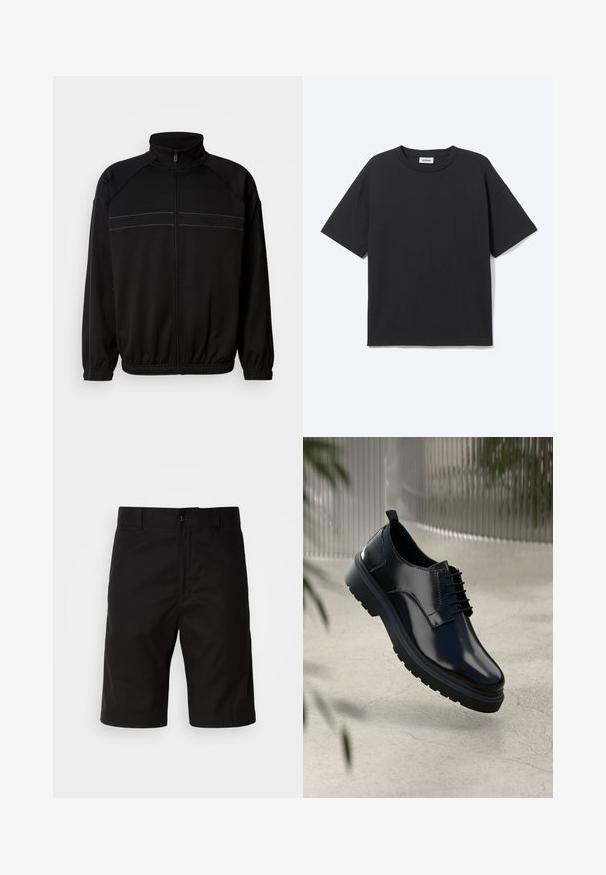 Chaqueta negra de cremallera fabricada con un tejido suave, que cuenta con un cuello alto, puños elásticos y rayas decorativas horizontales en el pecho.; Camiseta negra de manga corta con cuello redondo, ajuste relajado, vista frontal, diseño sencillo y etiqueta visible de la marca Weekday en el interior del cuello.; Pantalones cortos negros de tela sólida, con corte recto, cierre de botón y una textura suave sin patrones visibles.; Zapato de cuero negro con un acabado brillante, puntera redonda, diseño de cordones, costuras de contraste y una suela de goma gruesa con patrones de tracción.