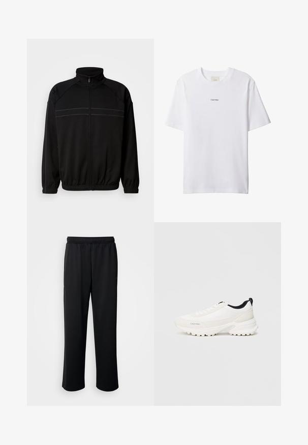 Zwarte zip-up jas van zacht materiaal, met een hoge kraag, elastische manchetten en decoratieve horizontale strepen over de borst.; Witte katoenen T-shirt met een ronde hals en korte mouwen. Heeft een klein zwart "Calvin Klein"-logo in het midden van de borst.; Zwarte sportbroek van zachte, ademende stof. Beschikt over een elastische tailleband en rechte pijpen zonder opvallende accenten of patronen.; Witte sportieve schoenen met een zachte bovenkant en gevoerde kraag, voorzien van een kenmerkende textuurzool voor grip en subtiele branding aan de zijkant.