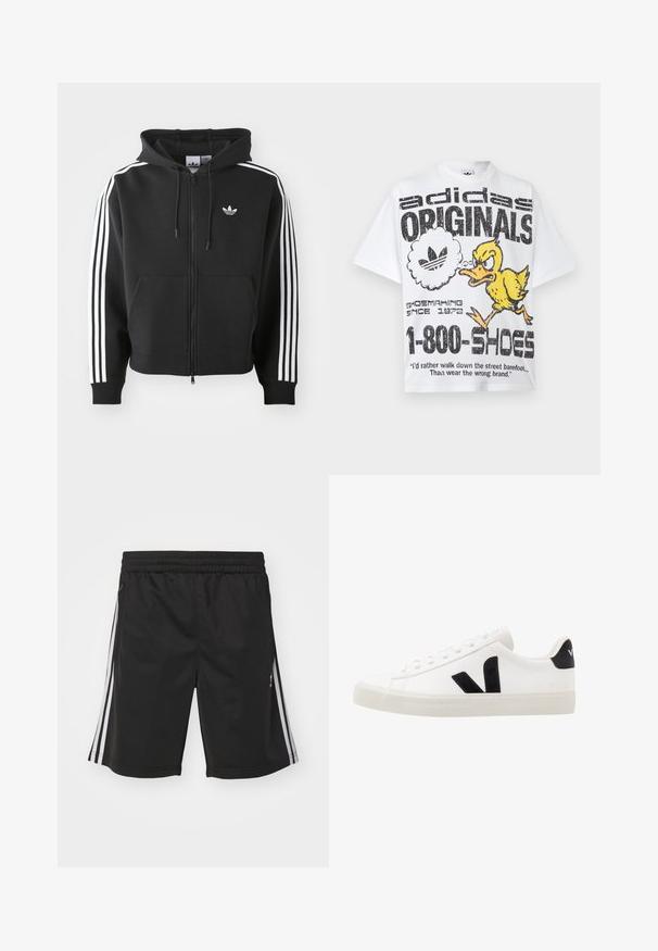 Mustapaitainen huppari, joka on valmistettu puuvillasekoitteesta. Hupparissa on etutasku, nyörillinen huppu ja valkoiset kolmiraita-aksentit hihoissa.; Valkoinen Adidas Originals -t-paita, jossa on kulunut musta logo, vihainen keltainen ankkahahmo ja teksti, joka mainostaa kenkien valmistusta vuodesta 1972 lähtien.; Mustat urheilushortsit, joissa on joustava vyötärö, valkoisilla sivunauhoilla ja sileällä kangasrakenteella. Ilman lisäkoristeita.; Valkoiset nahkakengät mustilla mokkanahkaosuuksilla; varustettu kumipohjalla, pyöreällä kärjellä ja klassisella nauhoitusmallilla. Sivulogo mustana.