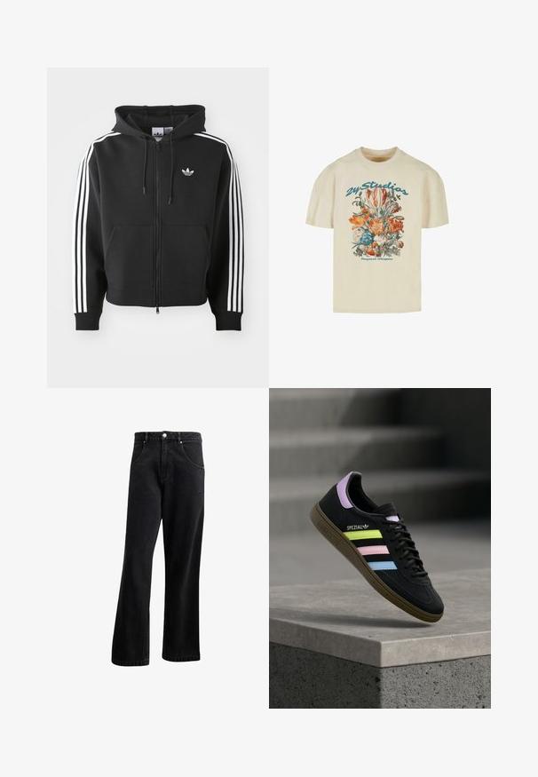 Sort zip-up hoodie lavet af bomuldsblanding, med en frontlomme, snoretræk i hætten og hvide striber i tre på ærmerne.; Cremefarvet t-shirt med korte ærmer, prydet med et blomster grafisk tryk i orange og blå, med "24Studios" tekst ovenfor og "Fragrant Whispers" nedenfor.; Sorte denim jeans med straight-leg design, der har frontlommer, en knaplukning og en let tekstur. Inkluderer en diskret logo detalje.; Sort Adidas Spezial sneaker med pastelgule, pink og blå striber, lavendel hælstrop og brun sål, svævende over betonforkant.