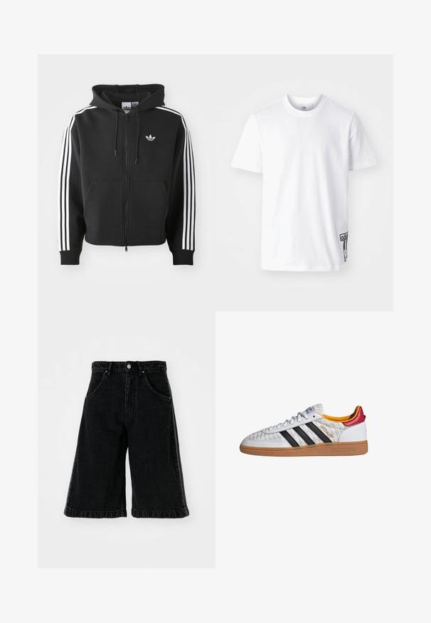 Sudadera con cremallera negra hecha de una mezcla de algodón, con un bolsillo delantero, capucha con cordones y acentos de tres rayas blancas en las mangas.; Camiseta de algodón blanca de manga corta, con cuello redondo y un parche del logo de Adidas en negro en la parte inferior izquierda. Textura suave.; Pantalones cortos de mezclilla negros con un diseño de pierna ancha, que cuentan con una cintura alta, pasadores para cinturón y bolsillos delanteros. Detalles de costura y herrajes minimalistas.; Zapatilla Adidas Spezial blanca con rayas negras, suela de goma, patrón acolchado, lengüeta roja en el talón y forro interior amarillo, vista lateral.