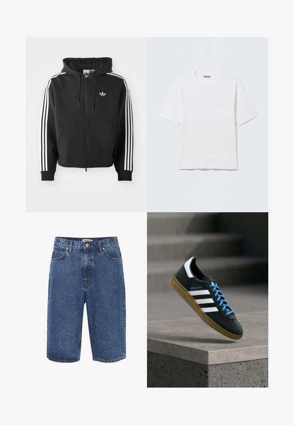 Sort zip-up hoodie lavet af bomuldsblanding, med en frontlomme, snoretræk i hætten og hvide striber i tre på ærmerne.; Hvid, kortærmet t-shirt med rund hals og et lille "WEEKDAY"-mærke på indersiden af bagkraven, vist på en flad overflade.; Mørkeblå denimshorts med et klassisk femlommers design, messinghardware og synlig syning langs sømmene.; Sort Adidas sneaker med hvide striber, blå snørebånd og gummisål, der svæver over gråt betontrin i blødt lys.
