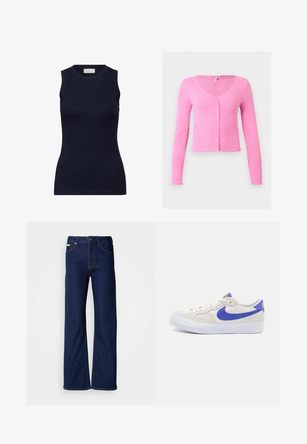 Cardigan rose côtelé à manches longues avec bords festonnés et cinq petits boutons sur le devant, avec un col rond.; Haut sans manches en coton lisse, de couleur marine, avec un col rond et une coupe ajustée sans embellissements. Décontracté et polyvalent.; Jeans en denim bleu foncé avec un design à jambes larges, une coupe droite, cinq poches et une fermeture éclair à l'avant. Détails de surpiqûres le long des coutures.; Baskets en daim beige avec un swoosh en cuir bleu, semelle en caoutchouc blanc et marque jaune sur la languette. Fermeture à lacets avec col rembourré.