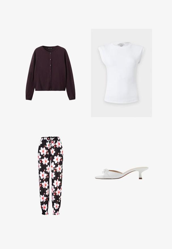 Mørkelilla langærmet strikket cardigan med rund halsudskæring og knaplukning foran.; Hvid ribbet ærmeløs top med polstrede skuldre og rund halsudskæring, størrelse small, mærket Topshop indvendigt i kraven.; Sorte stofbukser med hvidt og rødt blomstermønster, elastisk talje med snøring og rummelige manchetter. Letvægtsmateriale.; Hvid læder mule med åben tå, lille kitten heel og en dekorativ sløjfe på frontstroppen.