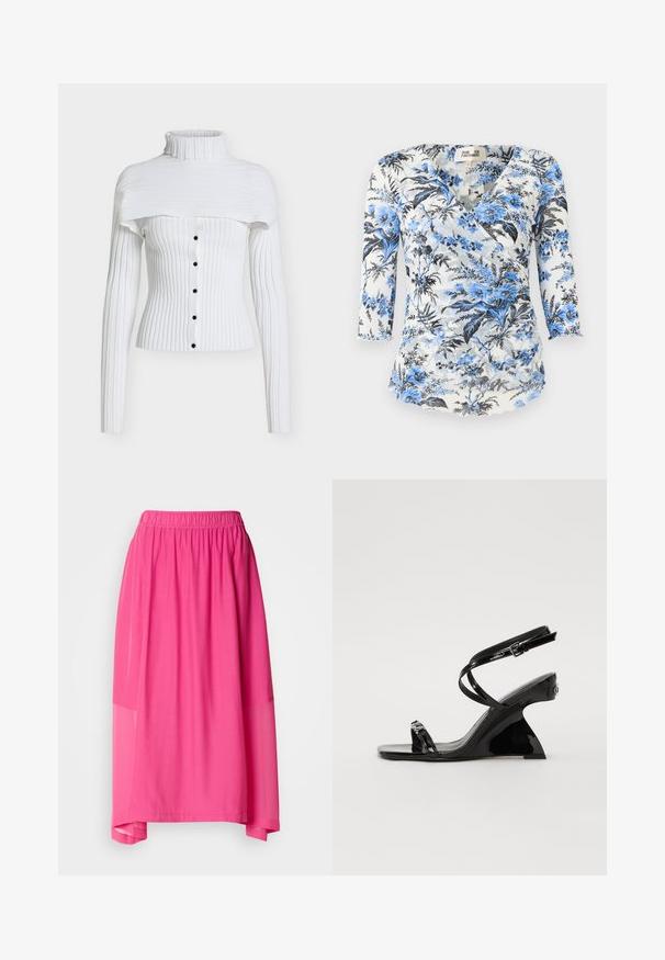 Hvid ribstrikket langærmet top med sorte knapper foran og et bredt off-shoulder panel over en høj rullekrave.; Hvid slå-om-bluse med blå og sort blomsterprint, 3/4-ærmer og en lille størrelseslabel ved halsudskæringen.; Lyserød midiskørt med elastisk talje, der har et lagdelt design og gennemsigtige detaljer, hvilket skaber en svævende silhuet og blød tekstur.; Sorte patentlæder wedge sandaler med et elegant, åben-tå design, tynde ankelstropper og en dekorativ spænde detalje.
