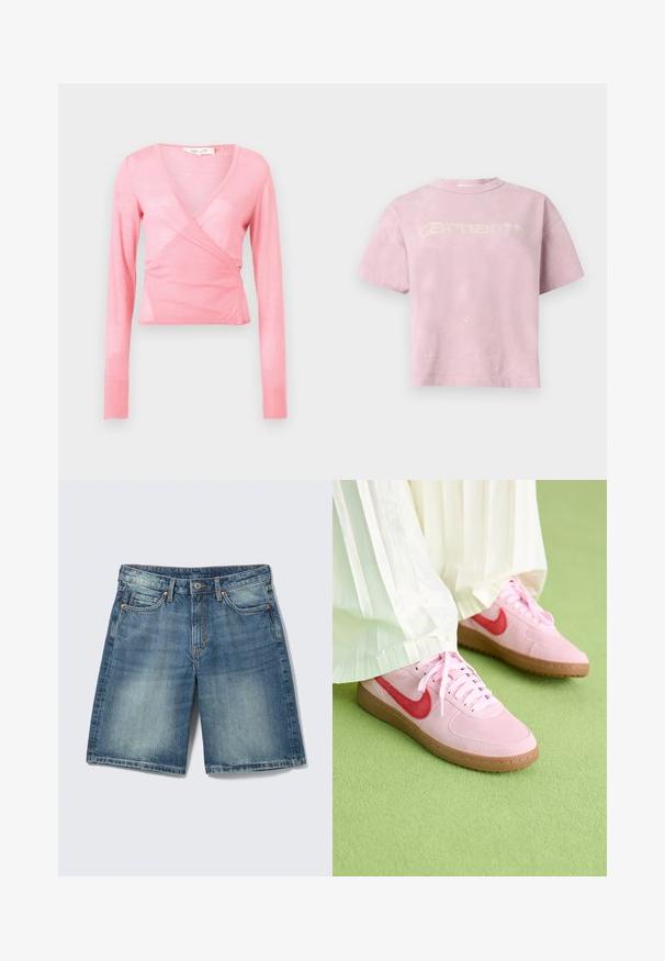 Blød lyserød langærmet wrap-top med V-hals og tætsiddende talje på en ensartet lys baggrund.; Lyserød kortærmet oversized T-shirt med falmet hvidt "Carhartt" logo over brystet og subtile malingstænk-detaljer.; Blå denimshorts med falmede detaljer, frontknap, lynlås, bæltestropper og fem-lommer design.; Lyserøde ruskinds sneakers med et rødt logo og matchende snørebånd. Sålen er i lysebrunt gummi. Båret med hvide plisserede bukser på en grøn overflade.