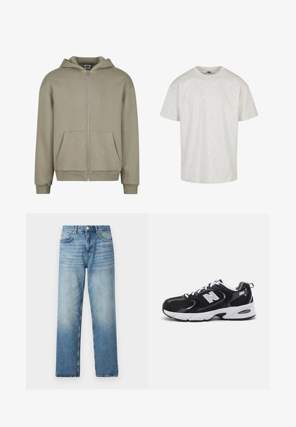 Lys grøn hoodie lavet af blødt stof, med en frontlynlås, to lommer, ribbede manchetter og en justerbar snoretræk hætte.; Lys grå bomulds T-shirt med kortærmer, rund halsudskæring og afslappet pasform. Tekstureret stof med et subtilt meleret mønster.; Lyseblå denimjeans med lige pasform, med knaplukning, fem lommer og diskret afdækning nær kanten. Flad tekstur.; Sorte og grå sportssko med mesh og ruskind på overdelen, der har en hvid mellemsål, snørebånd og et iøjnefaldende "N" logo på siden.