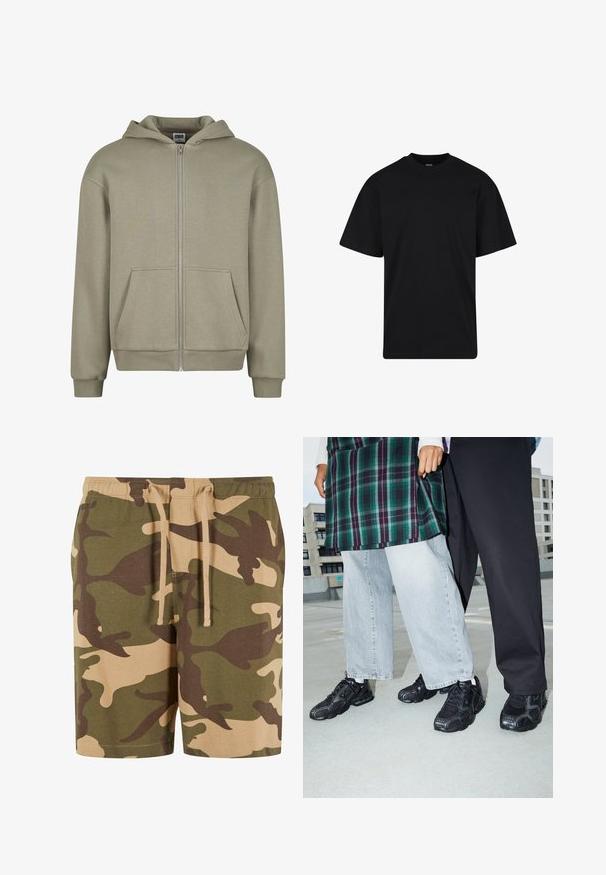 Lys grøn hoodie lavet af blødt stof, med en frontlynlås, to lommer, ribbede manchetter og en justerbar snoretræk hætte.; Sort T-shirt med korte ærmer og rund hals, afslappet pasform, ensfarvet design uden synlige logoer eller mønstre.; Kamuflage shorts i bomuldsblanding med grønne, brune og beige mønstre. Har en elastisk talje med snøre. Casual pasform og knælangt design.; Sorte atletik sko med mesh- og gummidetaljer. Båret med lysegrå vide jeans og en ternet grøn bluse. Flad overflade i baggrunden.