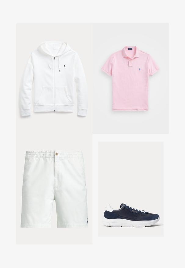 Sudadera blanca con cremallera y capucha con cordón, bolsillos frontales y un pequeño logo negro en el lado izquierdo del pecho. Tejido suave y corte informal.; Polo de manga corta en rosa claro con cuello con botones y pequeño logo azul bordado en el pecho izquierdo.; Pantalones cortos blancos para hombre con cinturilla elástica, cierre de botón, bolsillos laterales y pequeño logo oscuro cerca del dobladillo inferior en una pierna.; Zapatillas navy que presentan una combinación de piel lisa y ante en la parte superior, suela de goma blanca y cordones blancos en contraste con acento de logo en el lateral.