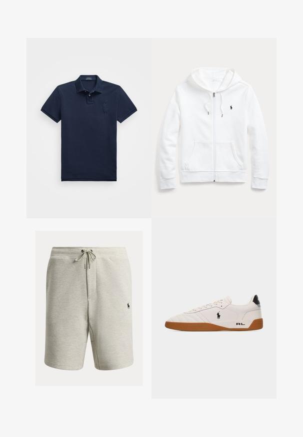 Hvid zip-up hoodie med snøre i hætten, frontlommer og et lille sort logo på venstre bryst. Blødt stof og afslappet pasform.; Marineblå kortærmet polo skjorte lavet af bomuldsstof, med en front med tre knapper, krave og broderet logo på venstre bryst.; Lysegrå shorts lavet af blødt stof, med elastisk talje og snøre, sidelommer samt en lille sort logo på venstre ben.; Hvid lav sneakers med brun gummisål, sort Polo Ralph Lauren-logo på siden og "RL" tekst på hælområdet.