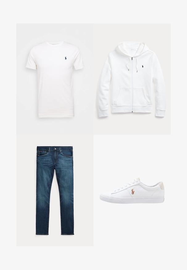 Hvid zip-up hoodie med snøre i hætten, frontlommer og et lille sort logo på venstre bryst. Blødt stof og afslappet pasform.; Hvid bomulds t-shirt med rund hals. Har et lille mørkeblå logo på venstre bryst. Korte ærmer, glat tekstur.; Mørkeblå slim-fit jeans med frontknap og lynlås, fem lommer og subtil falmen på forreste lår og knæ.; Hvide kanvas sneakers med lågtop design, prydet med en beige hælkappe og et lille broderet logo på siden. Gummisål.