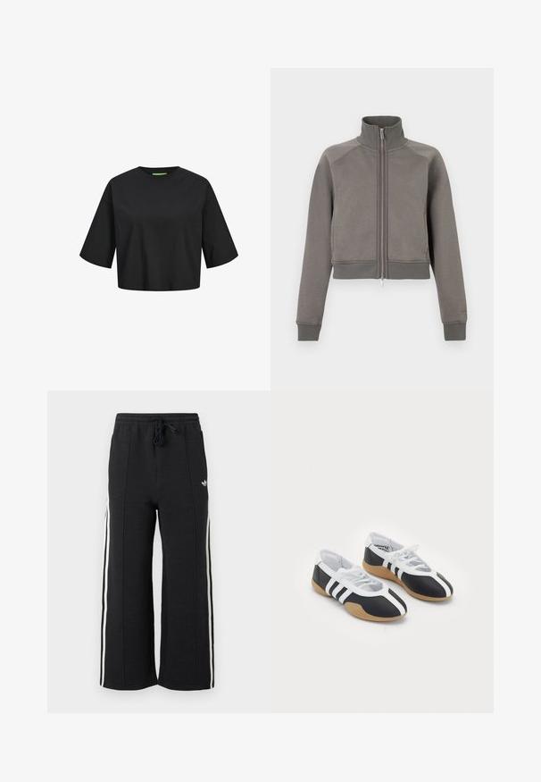Grå cropped jakke med lynlås, høj krave, raglanærmer og ribstrikkede manchetter og kant. Fremstillet af blødt, strækbart stof.; Sort bomulds cropped t-shirt med rund hals, korte ærmer og en grøn label detalje ved halsudskæringen. Glat, blød tekstur.; Sorte teksturerede vidde løstsiddende træningsbukser med hvide sidelister og elastisk talje med snøre, med en lille hvid logo på hoften.; Sort-hvide sportsko med et slankt design, gummisål, snørebåndslukning og tre hvide striber på siden.